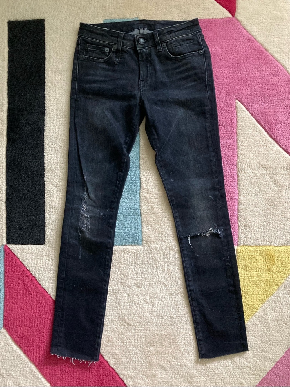 R13 Black Skinny Jeans Black Marble Ripped Knees Distressed 24 Low Rise Punk